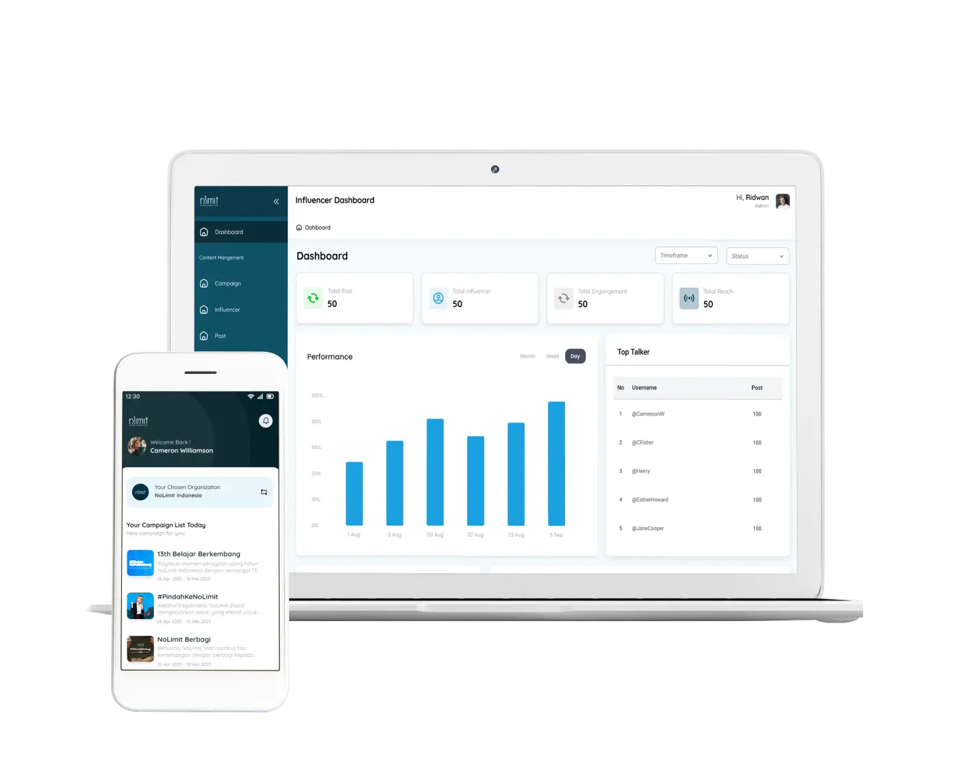 Tampilan NoLimit Engage menampilkan dashboard influencer